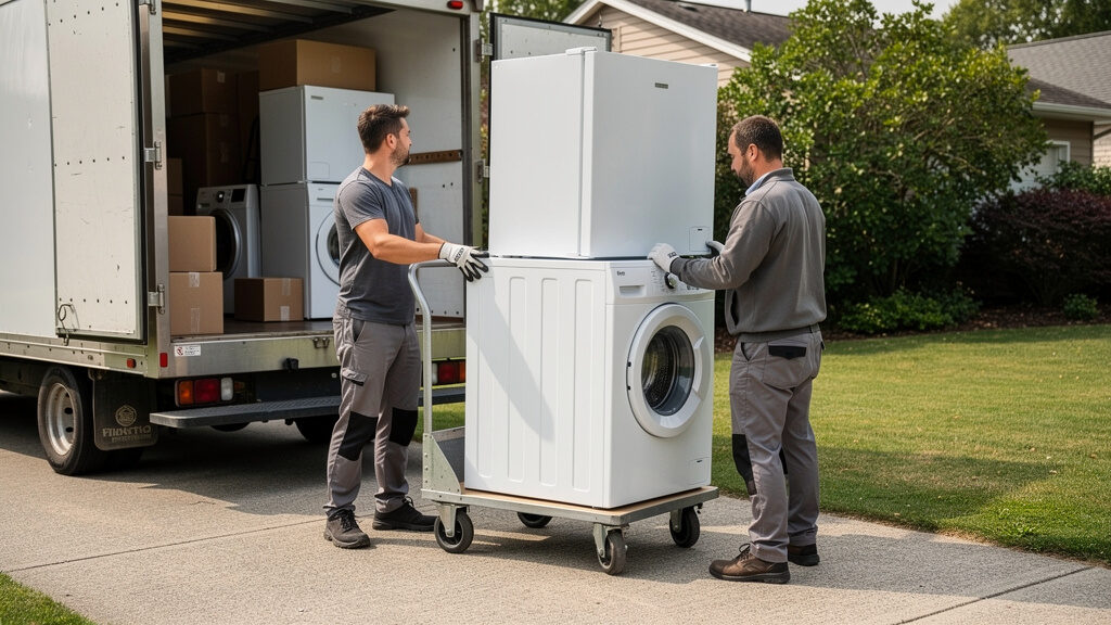 Appliance removal crew disconnecting an old refrigerator