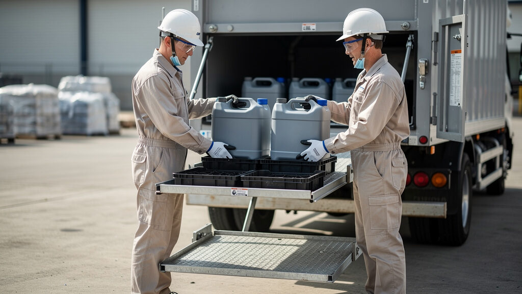 Auto fluid disposal technician safely collecting used motor oil