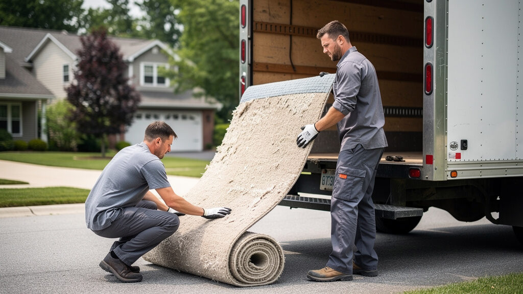 Old carpet and padding being rolled up for removal in Indianapolis home