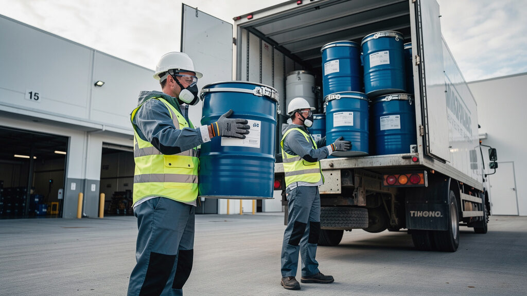Chemical disposal crew safely loading hazardous materials in Indianapolis