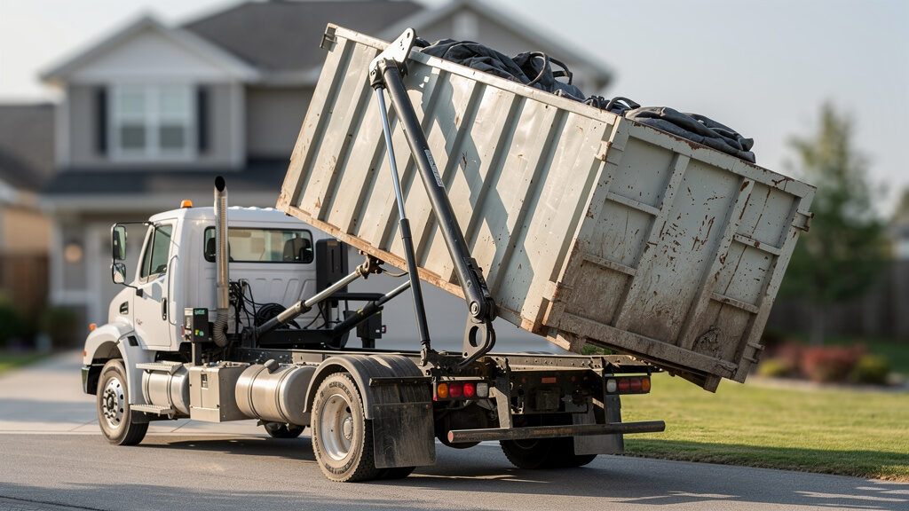 Filled dumpster ready for pickup after project completion