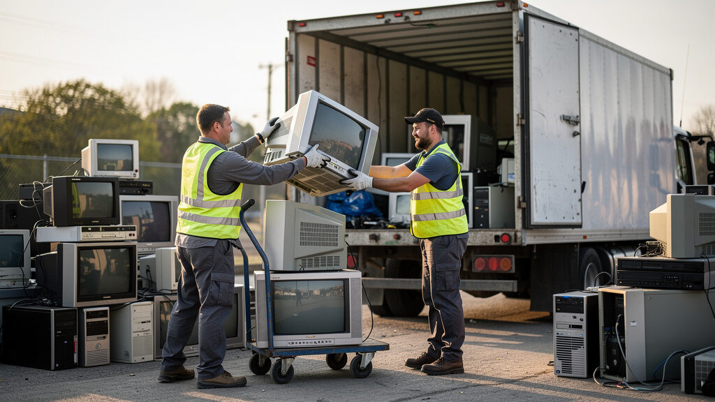 Electronics removal crew loading computers and monitors for recycling