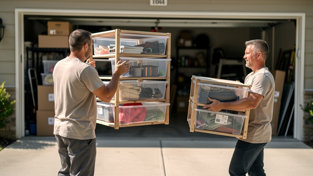 DS Hauling crew working in a cluttered Indianapolis garage