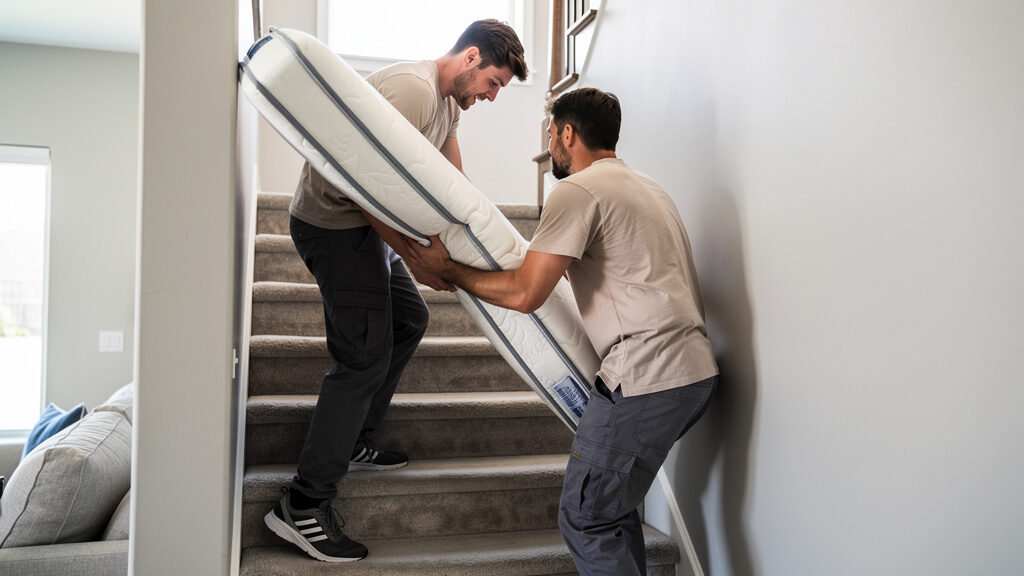 Mattress removal team carrying a queen-size mattress from an Indianapolis bedroom