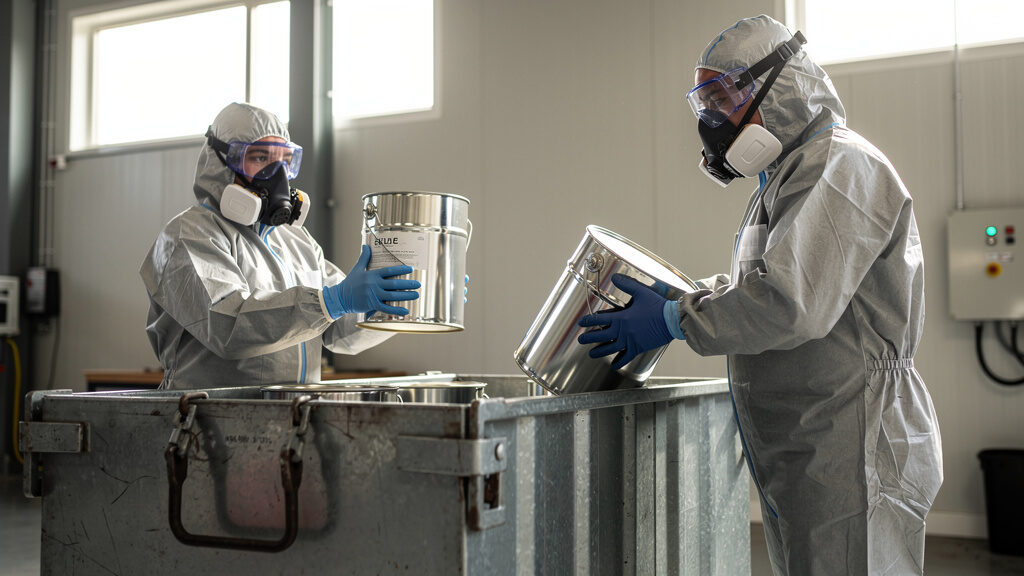 Paint disposal technician collecting leftover paint cans from garage