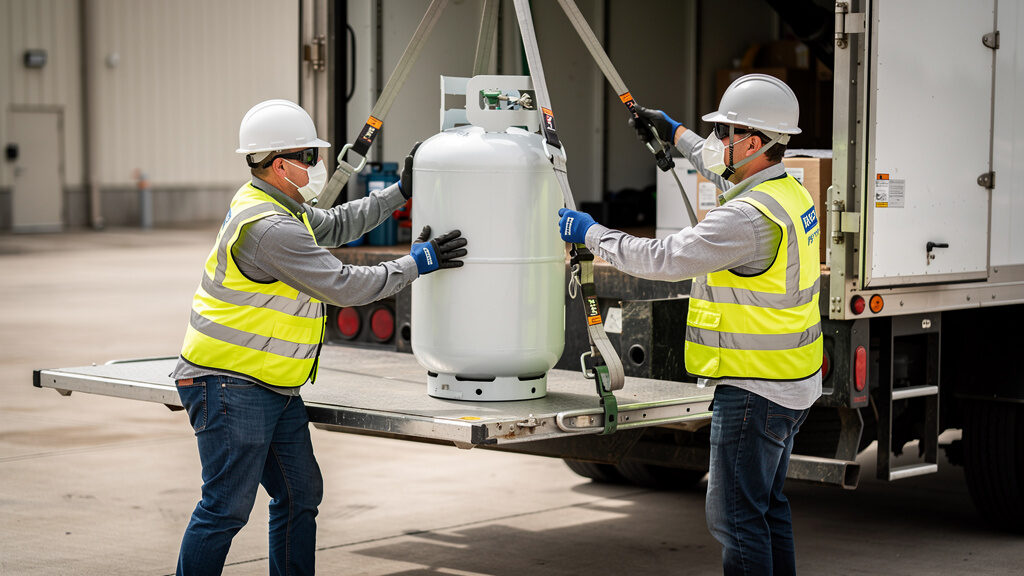 Propane tank removal technician safely disconnecting a grill tank