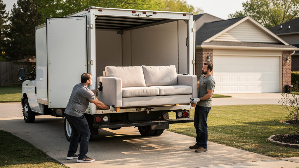 A single couch being removed from an Indianapolis living room