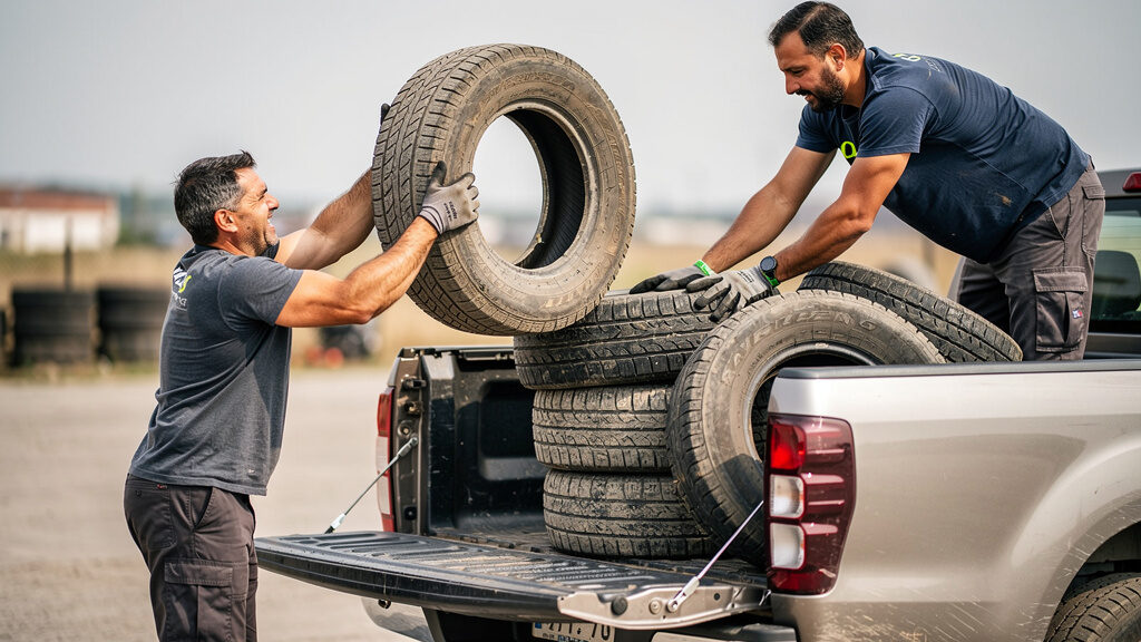 Tire removal crew hauling stacks of old tires from an Indianapolis property