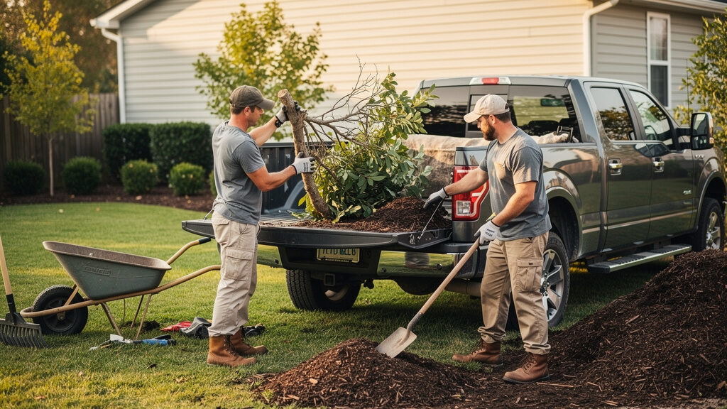 Yard waste removal crew hauling large branches and brush from an Indianapolis yard